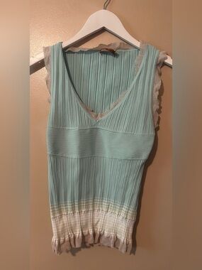Essendi Light Aqua Ribbed V-Neck Tank with Ombre Hem silk vtg vintage 90s y2k M